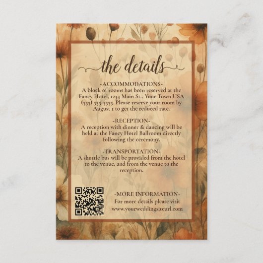 Boho Chic Sienna Bloemige Trouwdetails QR Code Informatiekaartje (Voorkant)