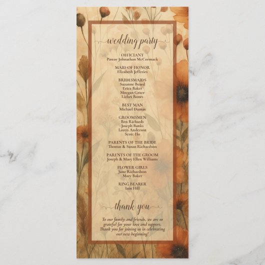 Boho Chic Sienna Wildflowers Elegant Wedding Programmakaart (Achterkant)