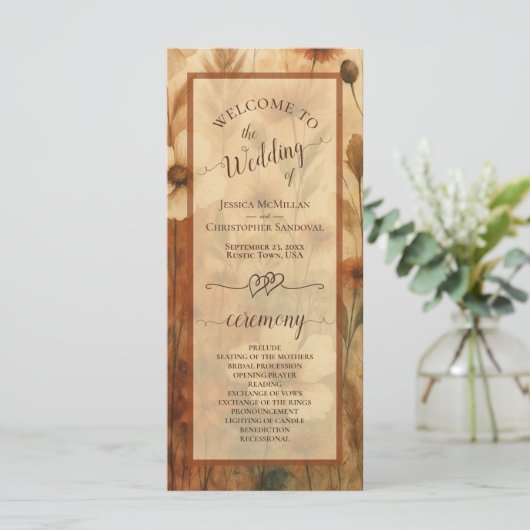 Boho Chic Sienna Wildflowers Elegant Wedding Programmakaart (Staand voorkant)