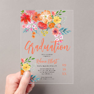 Boho Chic Sinaasappel Bloemen Afstuderen Foto Acryl Uitnodigingen