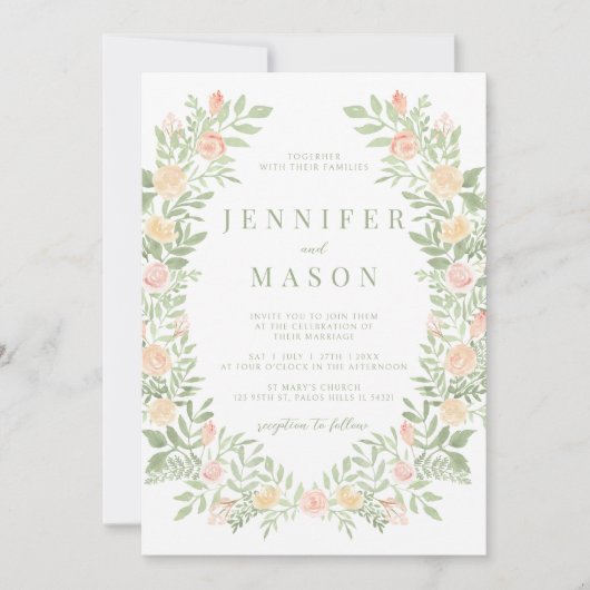 Boho chic sinaasappel bloemengroen krans bruiloft kaart (Voorkant)