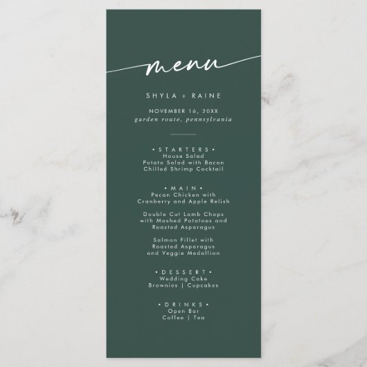 Boho chic smaragd groen foto bruiloft menu (Voorkant)