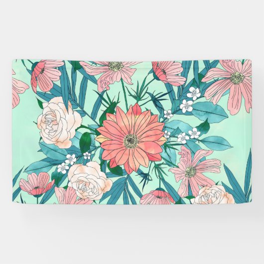Boho chic spring tuinbloemen illustratie spandoek (Horizontaal)