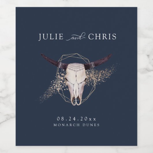 Boho Chic Steer schedel bruiloft Wijn Etiket (Enkel label)