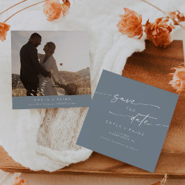 Boho Chic Stoffig Blauw Vierkant Foto Terug Save The Date