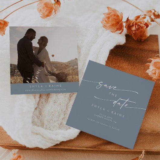 Boho Chic Stoffig Blauw Vierkant Foto Terug Save The Date