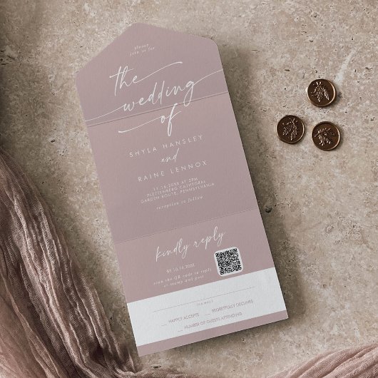 Boho chic stoffig Roos roze QR code mail in bruilo All In One Uitnodiging