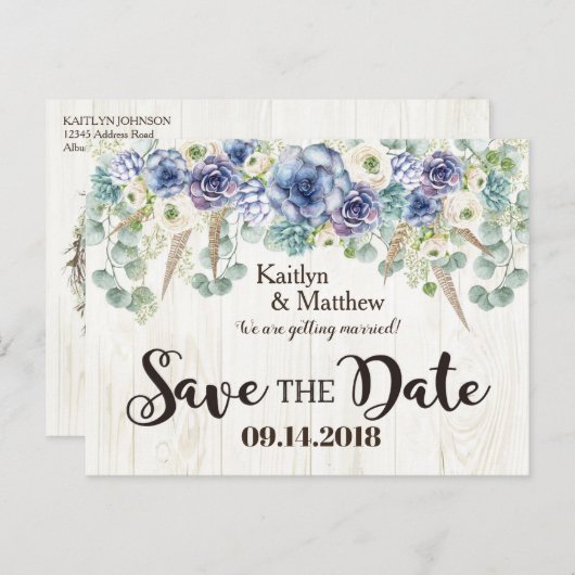 Boho Chic Succulent Eucalyptus Sla de datum op Aankondigingskaart (Voorkant / Achterkant)