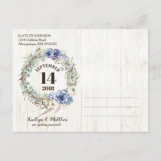 Boho Chic Succulent Eucalyptus Sla de datum op Aankondigingskaart (Achterkant)