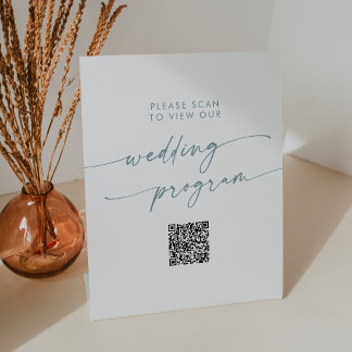 Boho Chic Teal en Witte QR Code Huwelijksprogramma Reclamebord Met Voetstuk