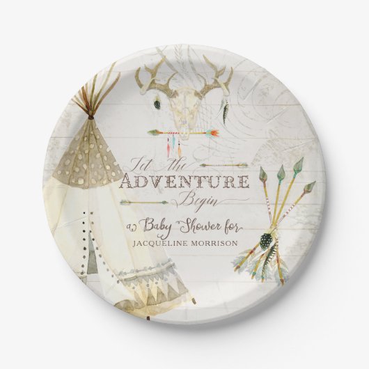 BOHO Chic Teepee Arrows Deer Baby Boy Showood Papieren Bordje (Voorkant)