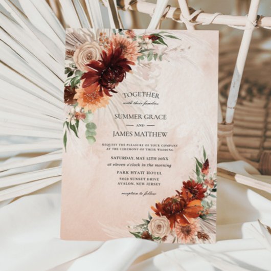 Boho Chic Terracotta Bloemen Pampas Grass Bruiloft Kaart