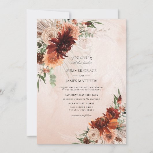 Boho Chic Terracotta Bloemen Pampas Grass Bruiloft Kaart (Voorkant)