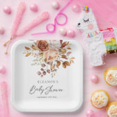 Boho Chic Terracotta Floral Name Baby shower Papieren Bordje (Feest)