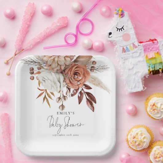 Boho Chic Terracotta Floral Name Baby shower Papieren Bordje (Feest)