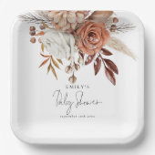 Boho Chic Terracotta Floral Name Baby shower Papieren Bordje (Voorkant)