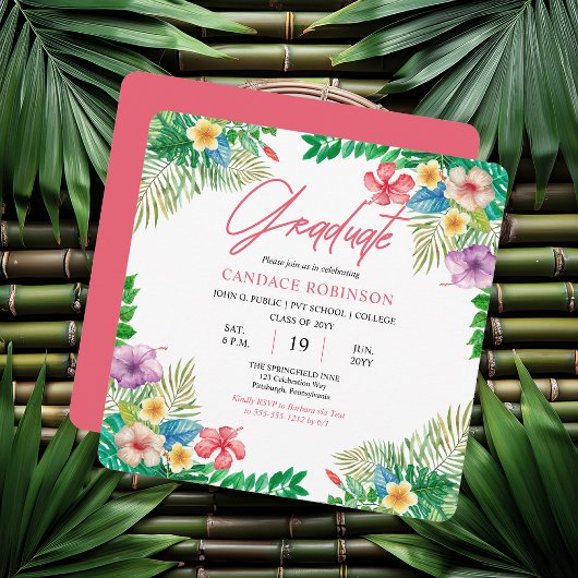 Boho Chic Tropical Hibiscus Graduation Party Kaart