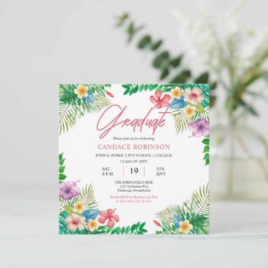Boho Chic Tropical Hibiscus Graduation Party Kaart (Staand voorkant)