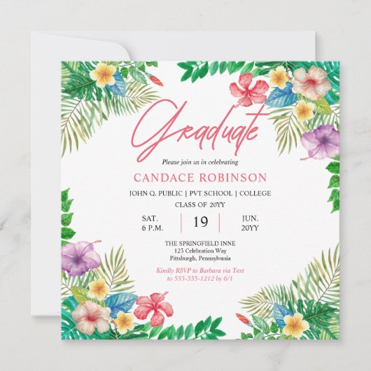 Boho Chic Tropical Hibiscus Graduation Party Kaart (Voorkant)