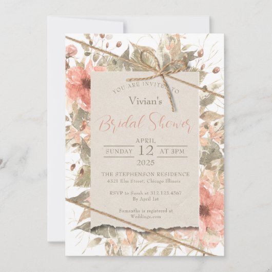 Boho Chic Twine Bow Stropdas Bruids Douche Uitnodi Kaart (Voorkant)