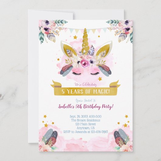 Boho Chic Unicorn Face Birthday Uitnodiging (Voorkant)