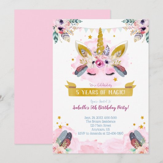 Boho Chic Unicorn Face Birthday Uitnodiging (Voorkant / Achterkant)