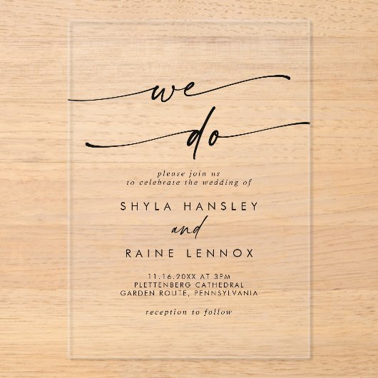 Boho Chic Uniek Clear Acryl We Do Wedding Acryl Uitnodigingen (Voorkant)