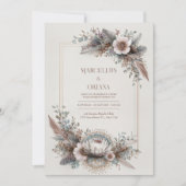 Boho Chic Veer Stof Roze Gouden Lijst Bruiloft Kaart (Voorkant)