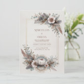 Boho Chic Veer Stof Roze Gouden Lijst Bruiloft Kaart (Staand voorkant)