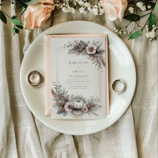 Boho Chic Veer Stof Roze Gouden Lijst Bruiloft Kaart