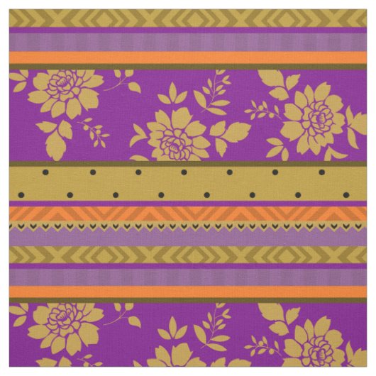 Boho Chic Violet Mustard Yellow Floral Stripes Stof (Swatch)