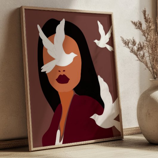Boho Chic Vrouw met Witte Duiven Minimalistische K Poster