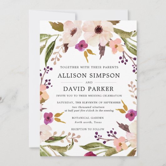 Boho Chic | Watercolor Bloemen Bruiloft Uitnodigin Kaart (Voorkant)