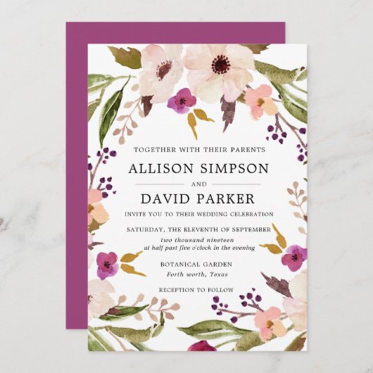 Boho Chic | Watercolor Bloemen Bruiloft Uitnodigin Kaart (Voorkant / Achterkant)