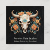 Boho Chic Waterverf Art Deco Floral Koe Schedel Vierkante Visitekaartje (Voorkant)