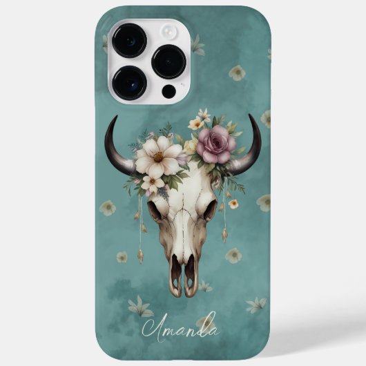 Boho Chic Waterverf Blauwgroen Bloemen Koe Schedel Case-Mate iPhone Case (Achterkant)