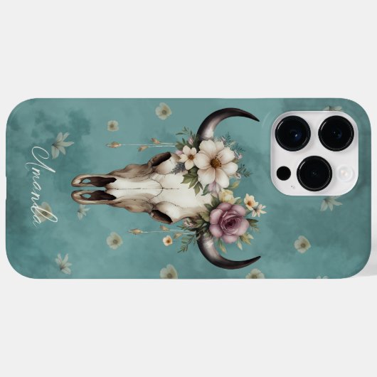 Boho Chic Waterverf Blauwgroen Bloemen Koe Schedel Case-Mate iPhone Case (Achterkant (horizontaal))