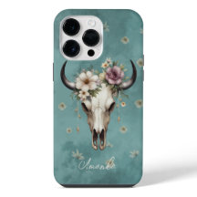Boho Chic Waterverf Blauwgroen Bloemen Koe Schedel