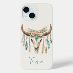 Boho Chic Waterverf Bloem Koeien Schedel iPhone 15 Case