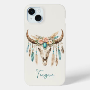 Boho Chic Waterverf Bloem Koeien Schedel iPhone 15 Mini Hoesje