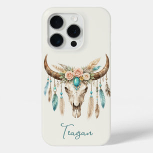 Boho Chic Waterverf Bloem Koeien Schedel iPhone 15 Pro Case