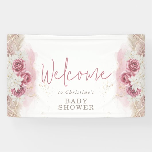 Boho Chic Waterverf Bloemen Baby Shower Welkom Spandoek (Horizontaal)