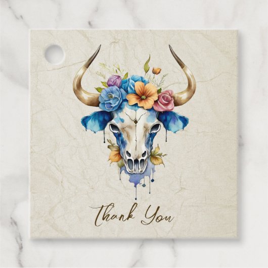 Boho Chic Waterverf Bloemen Koe Schedel Huwelijk Bedankjes Labels (Voorkant)