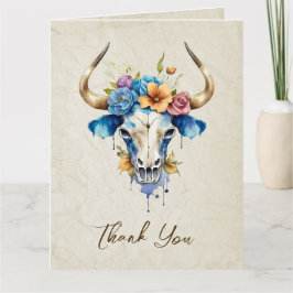 Boho Chic Waterverf Bloemen Koe Schedel Huwelijk Bedankkaart