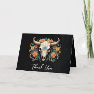 Boho Chic Waterverf Bloemen Koe Schedel Huwelijk Bedankkaart