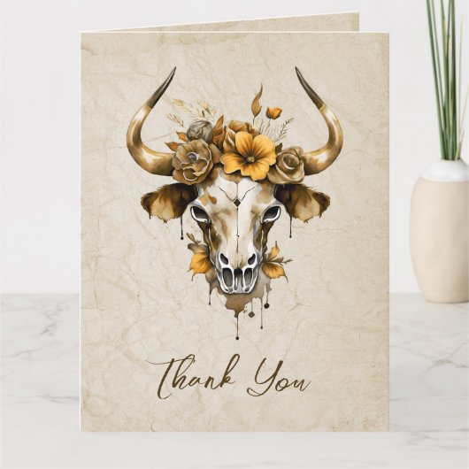 Boho Chic Waterverf Bloemen Koe Schedel Huwelijk Bedankkaart (Voorkant)