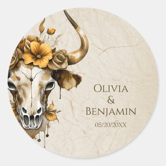 Boho Chic Waterverf Bloemen Koe Schedel Huwelijk Ronde Sticker (Voorkant)