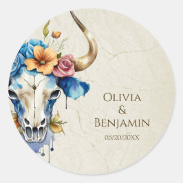 Boho Chic Waterverf Bloemen Koe Schedel Huwelijk Ronde Sticker