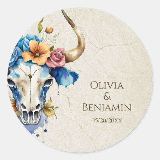 Boho Chic Waterverf Bloemen Koe Schedel Huwelijk Ronde Sticker (Voorkant)