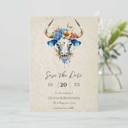 Boho Chic Waterverf Bloemen Koe Schedel Huwelijk Save The Date (Staand voorkant)
